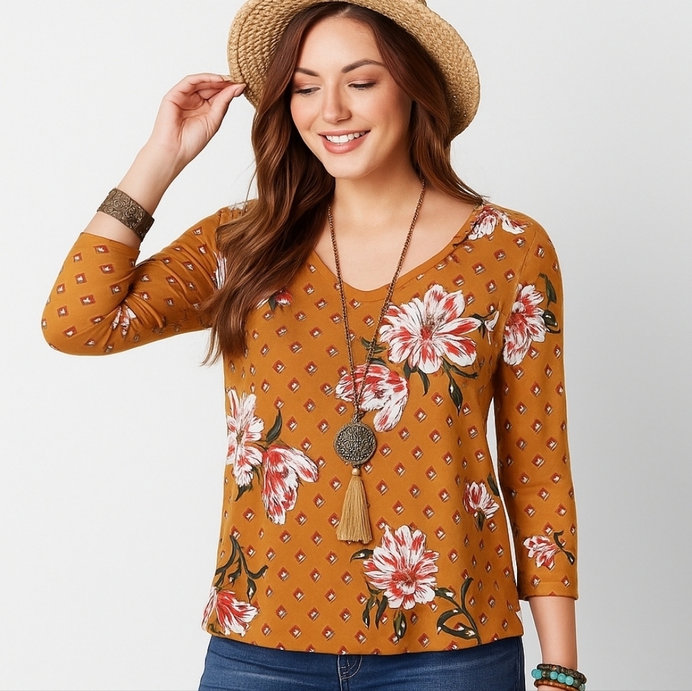 Daytrip Mustard Floral Geometric Split Back Top XL NWT Buckle Boho